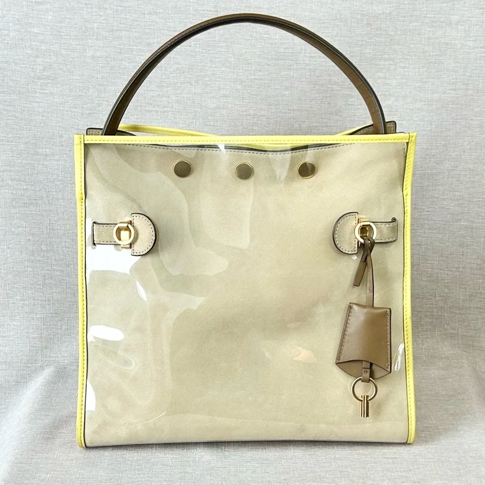 Tory Burch Large Lee Radziwill Beige and Yellow Patent Raincoat Satchel